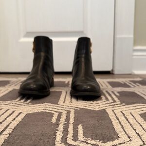 Michael Kors Black Leather Ankle Boots with Gold Accent